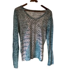 Prana Womens XL Blue Geometric Burnout Long Sleeve Scoop Neck Top Boho Yoga Eco